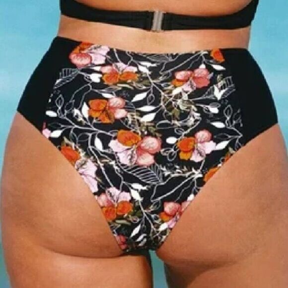 new CUPSHE Bikini Bottom, 1X, Black shirred side, Floral front/back,Higher waist - Picture 14 of 14
